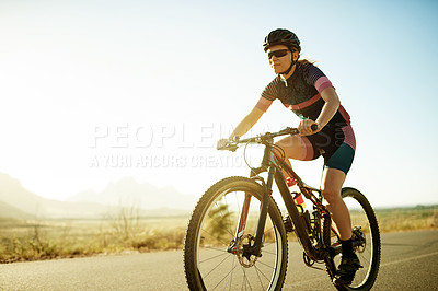 Buy stock photo Woman, cycling or road with bicycle for cardio exercise, extreme sport or adrenaline in nature. Active, female person or cyclist riding with bike on asphalt or street for workout or training on space