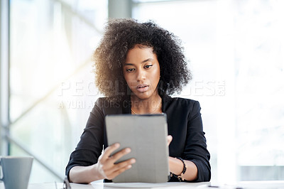 Buy stock photo Research, accounting or black woman on tablet in office for online report, finance and audit. Budget, review or accountant on touchscreen in financial agency for equity, stock news and investment