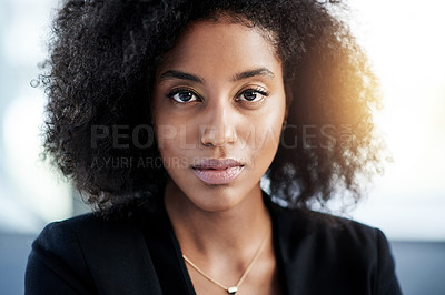Buy stock photo Lawyer, business woman or portrait in office for legal advice, government service and career pride. Corporate, employee or african person at law firm for legislation management, justice and about us
