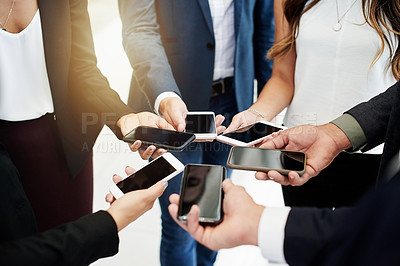 Buy stock photo Business people, hands or phone screen with connection for data sync or online platform in office. Group, employees or circle with mobile smartphone in huddle for social media, network or sharing app