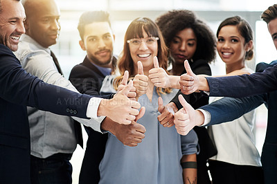 Buy stock photo Group, happy or businesswoman with thumbs up in office for good job, support or teamwork. About us, company or employees in agreement with like feedback or yes sign for review or staff development
