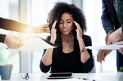 Buy stock photo Business, woman and multitasking with stress in office with phone call, paperwork and migraine pressure. Overwhelmed, person and work overload with headache, document signature and time management