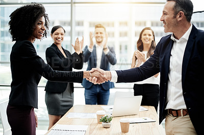 Buy stock photo Happy, business people and handshake with applause in office for partnership, B2B or agreement. Group, employees or shaking hands with staff, smile or clapping for teamwork, corporate success or deal