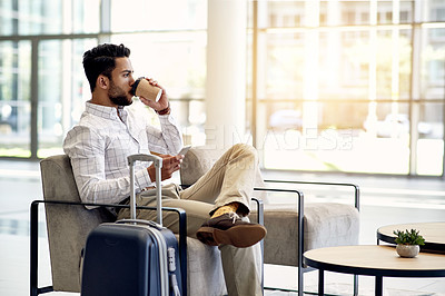 Buy stock photo Coffee, phone and business man in airport lobby for conference, travel and email confirmation. Online booking, seminar schedule and flight plan with person and drink with information on reservation