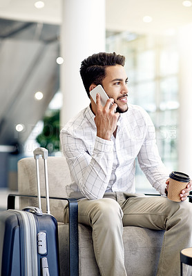 Buy stock photo Phone call, smile and business man in airport lobby for conference, travel and confirmation. Online booking, seminar schedule and flight plan with person and drink with information on reservation