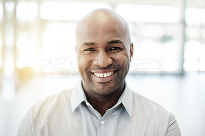 Buy stock photo Pride, portrait and black man with confidence for business as regulatory affairs specialist in office. Smile, happy compliance officer or policy development coordinator with professional employee
