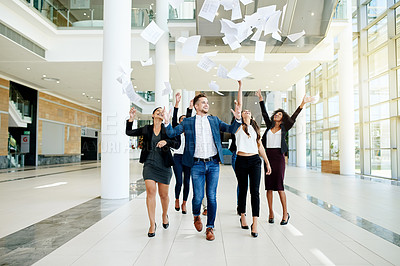 Buy stock photo Happy, business people or celebration with documents in air for corporate success or completion. Excited, group or employees throwing paperwork for achievement, done or finished together in workplace