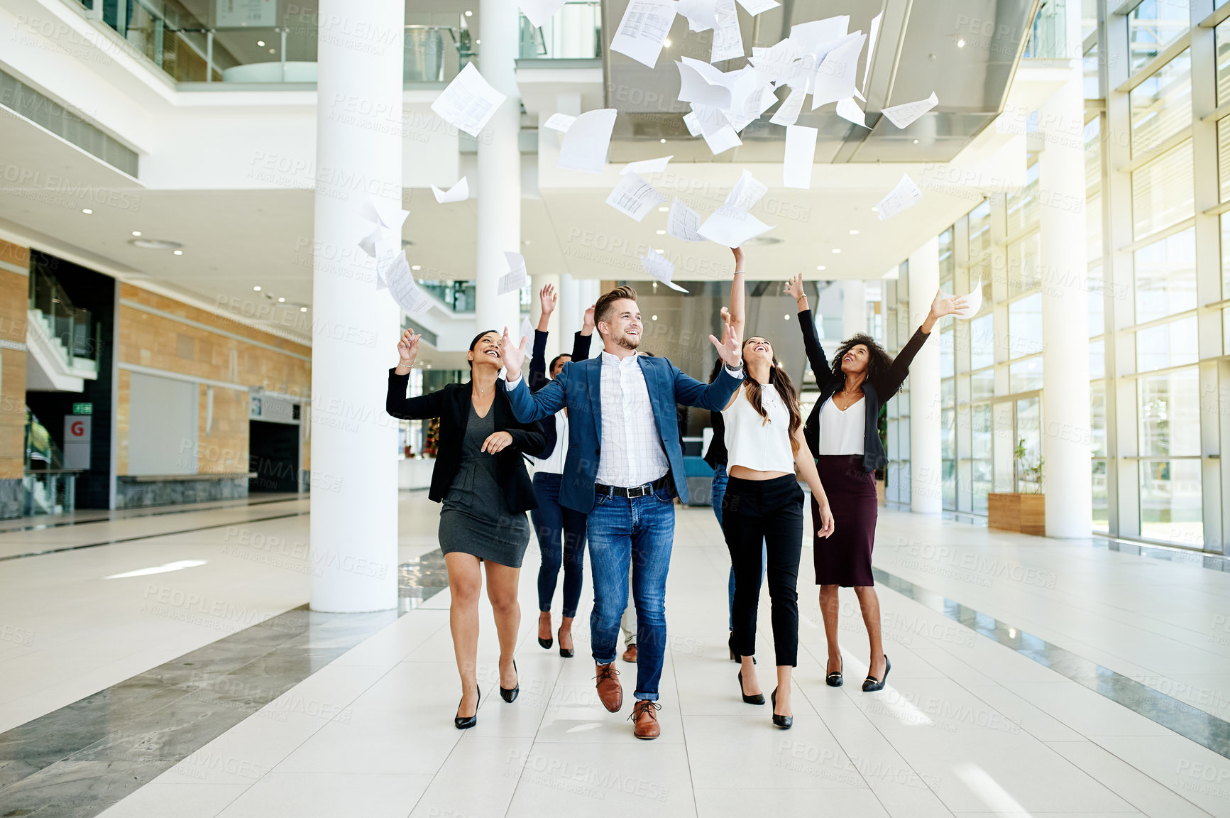 Buy stock photo Happy, business people or celebration with documents in air for corporate success or completion. Excited, group or employees throwing paperwork for achievement, done or finished together in workplace