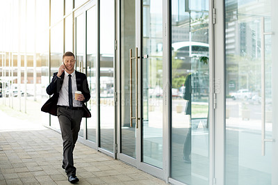 Buy stock photo Coffee, phone call and smile with business man in city for morning commute, contact and meeting agenda. Travel schedule, drink and networking with mature person outdoor for chat and connection