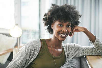 Buy stock photo Portrait, smile and black woman on sofa in home for weekend break, peace or calm in condo. Couch, confidence and happy African girl in living room for relax, wellness or chill with comfort in Nigeria