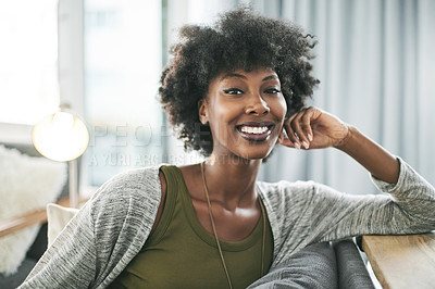 Buy stock photo Portrait, happiness and black woman in lounge, relax or comfortable on weekend, peace and apartment. Calm, person and rest on couch, smile and confident in home, break or positive attitude in Nigeria