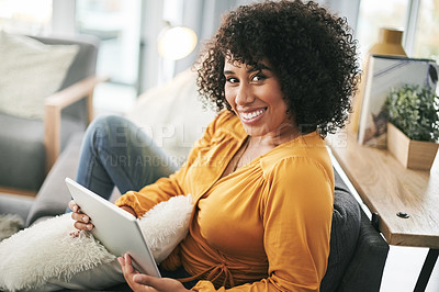 Buy stock photo Portrait, house and woman with tablet, smile and internet with app, website info and network. Apartment, social media and person on couch, happiness and connection with communication and relax