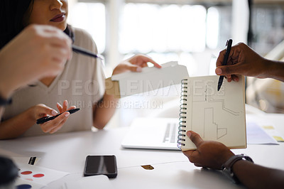 Buy stock photo Business people, hands and planning with book for interior design, layout or ideas at office. Closeup of employees discussing blueprint for architecture, building project or renovation at workplace