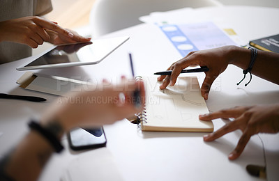 Buy stock photo Business people, hands and planning with tablet for interior design, layout or ideas at office. Closeup of employees discussing blueprint for architecture, building project or renovation at workplace