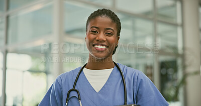 Buy stock photo Doctor, hospital portrait and happy black woman, nurse or medicine expert smile for medical health care mindset. Wellness services, surgeon face and professional healthcare worker for clinic support
