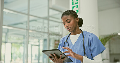 Buy stock photo Tablet, doctor and black woman reading, typing or analysis of online healthcare info, medical research or clinic report. Hospital, surgeon or African nurse search database for medicine health service