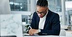 Writing, research and businessman with glasses in office, accountant and tax preparation with info. Budget, review and black person with notes, financial forecasting and auditing business records