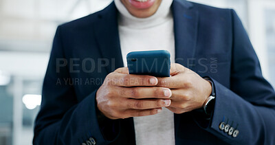 Buy stock photo Businessman, texting and hands with phone in office, accountant or communication with contact on app. Bookkeeping, online and person with mobile, internet connection and networking on social media