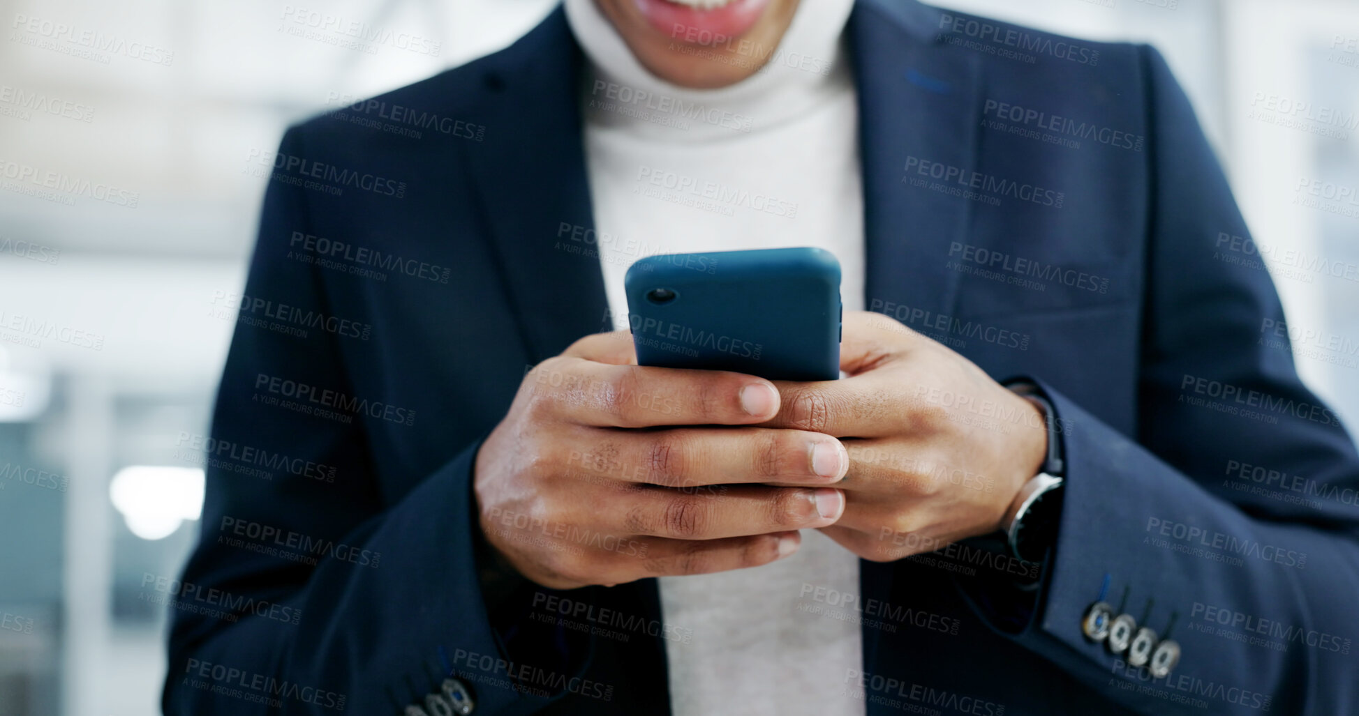 Buy stock photo Businessman, texting and hands with phone in office, accountant or communication with contact on app. Bookkeeping, online and person with mobile, internet connection and networking on social media