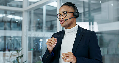 Buy stock photo Office, talking and man with headset for call center, online consulting and financial advice. Finance, advisor and black person with mic for help, loan support and contact us for customer service