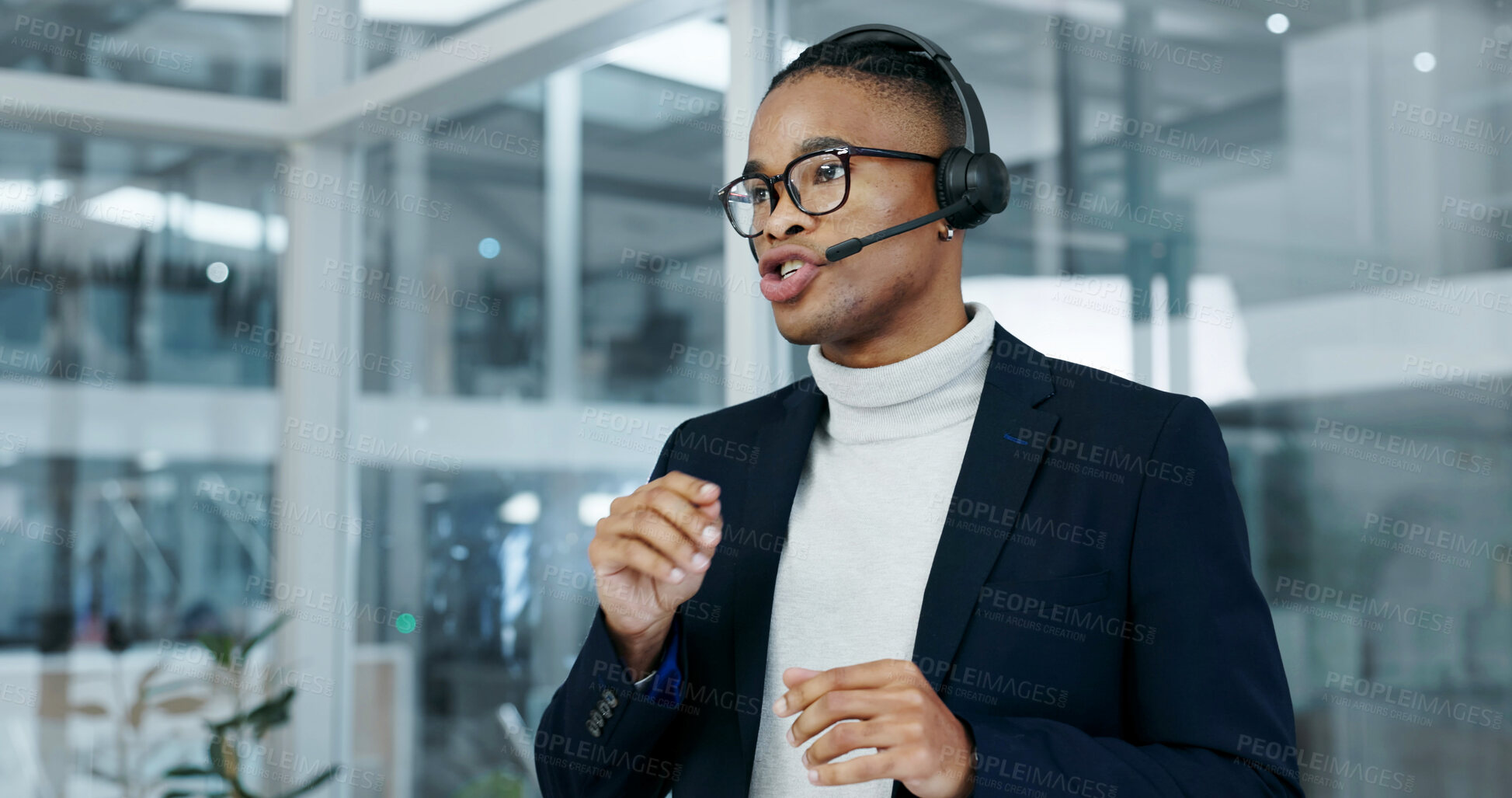 Buy stock photo Office, talking and man with headset for call center, online consulting and financial advice. Finance, advisor and black person with mic for help, loan support and contact us for customer service