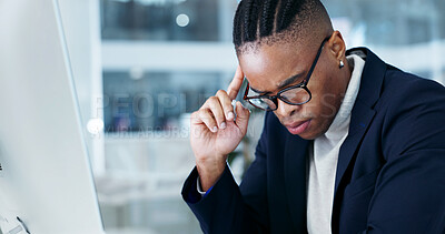 Buy stock photo Headache, tired and black man in office with computer, frustrated and tension with discomfort. Pain, fatigue and employee in agency with tech, migraine pressure and sore head with dizziness. 
