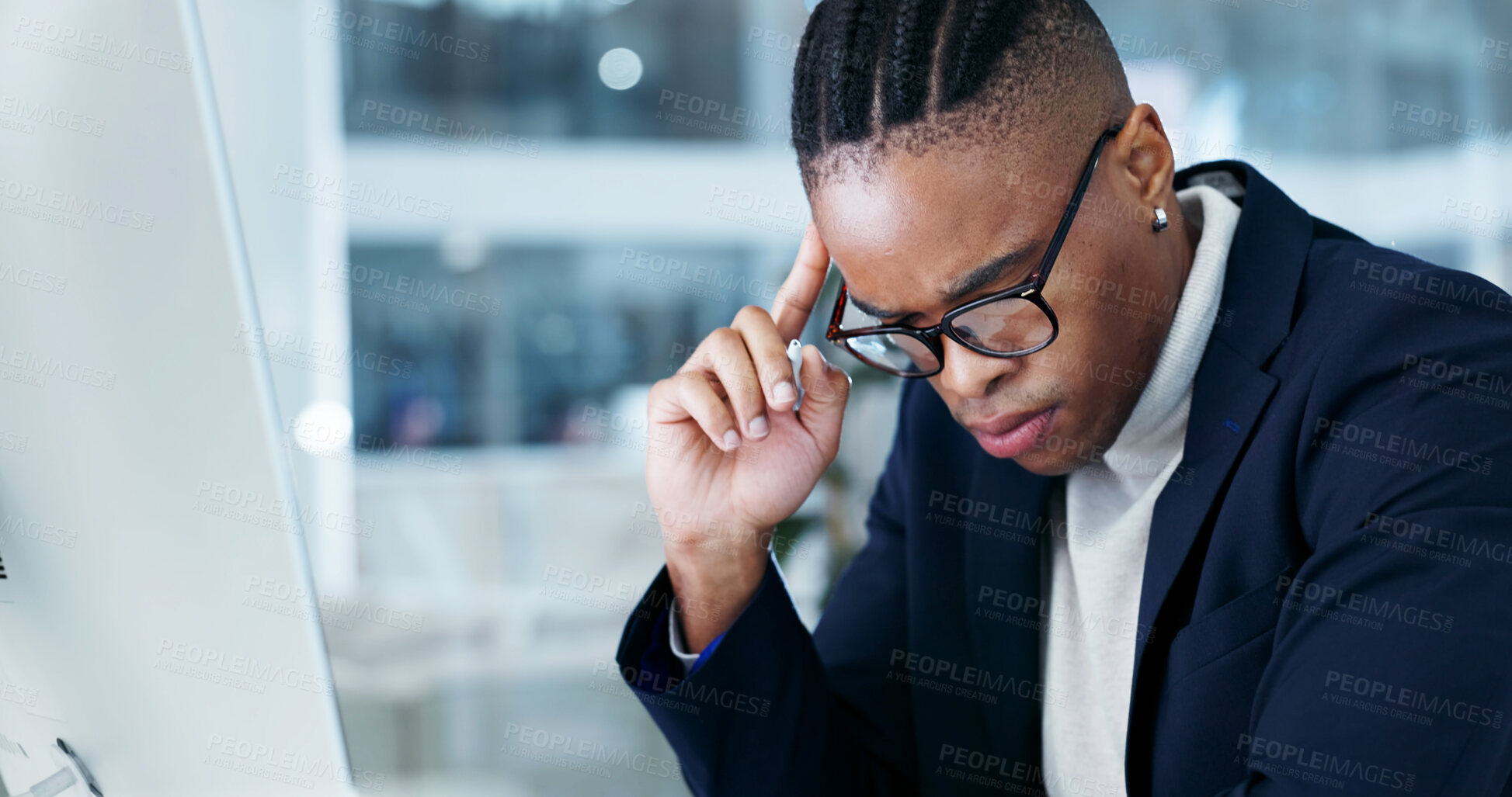Buy stock photo Headache, tired and black man in office with computer, frustrated and tension with discomfort. Pain, fatigue and employee in agency with tech, migraine pressure and sore head with dizziness. 
