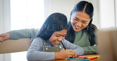 Buy stock photo Happy, mom and child with color for drawing, writing and bonding with creative activity together. Family, home and mother with girl for development, motor skills and creativity with picture for love