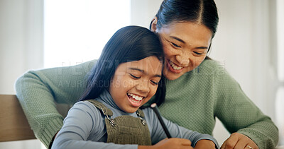 Buy stock photo Happy, mom and girl with color for drawing, writing and bonding with creative activity together. Family, home and mother with child for development, motor skills and creativity with art for love