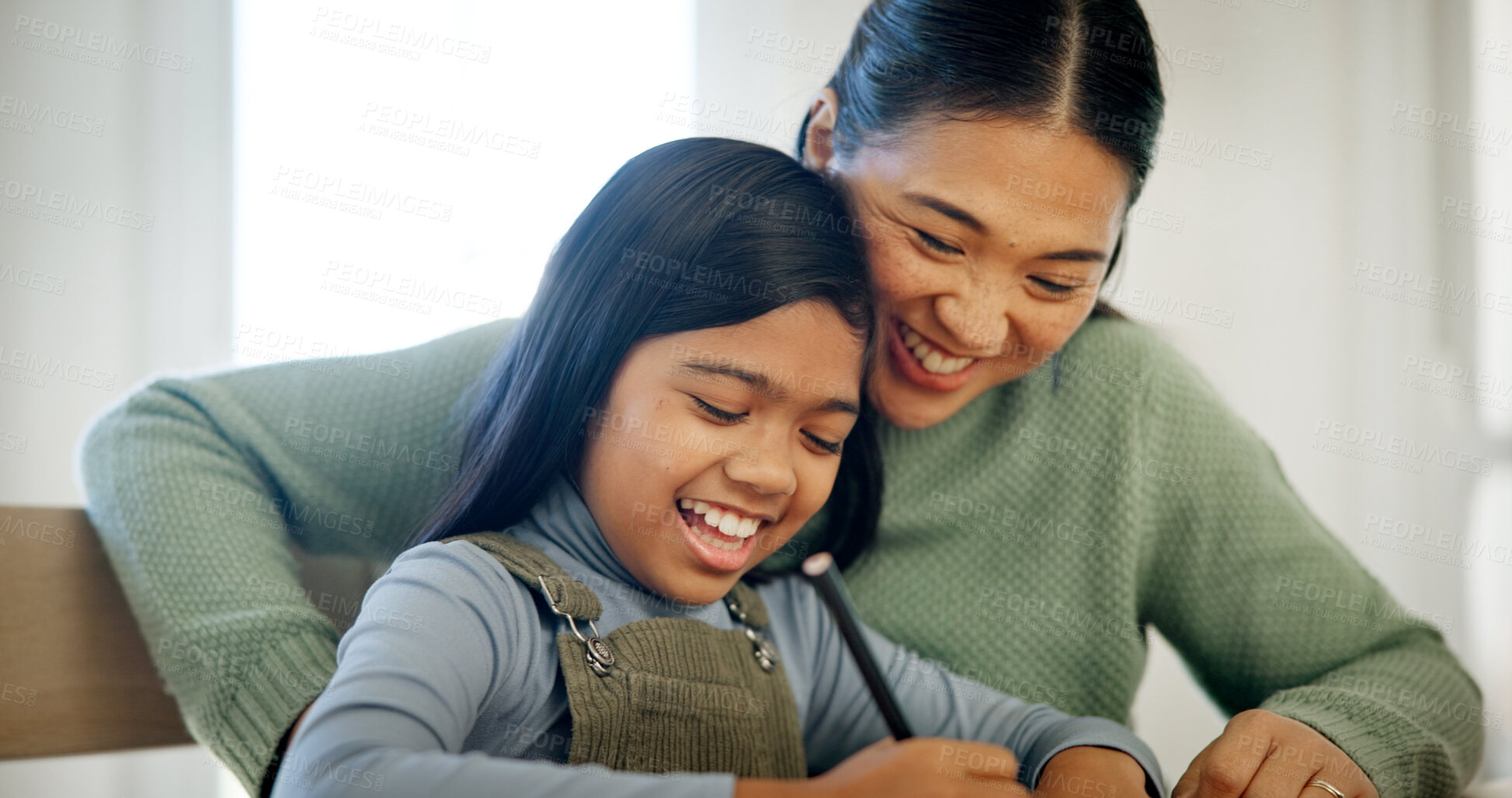 Buy stock photo Happy, mom and girl with color for drawing, writing and bonding with creative activity together. Family, home and mother with child for development, motor skills and creativity with art for love