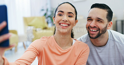 Buy stock photo Happy, couple and selfie at house for yoga, photography and social media post for fitness blog. Smile, people and capture memory in lounge for pilates, profile picture update and exercise for bonding