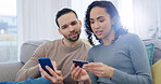 Couple, phone and home with credit card for online shopping, banking app or wireless transaction. Man, woman and ecommerce with debit or technology on sofa for payment, purchase or order in house