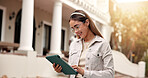 Smile, woman and student at campus with tablet, test results and acceptance email for new semester. Flare, female person and tech at university for enrollment, scholarship update and exchange program