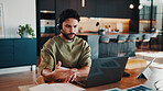 Man, headset and video call at house with laptop, virtual meeting and data analysis for accounting. Person, remote work and pc in home with webinar, graphs and financial report of investment proposal