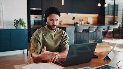Buy stock photo Man, headset and video call at house with laptop, virtual meeting and data analysis for accounting. Person, remote work and pc in home with webinar, graphs and financial report of investment proposal