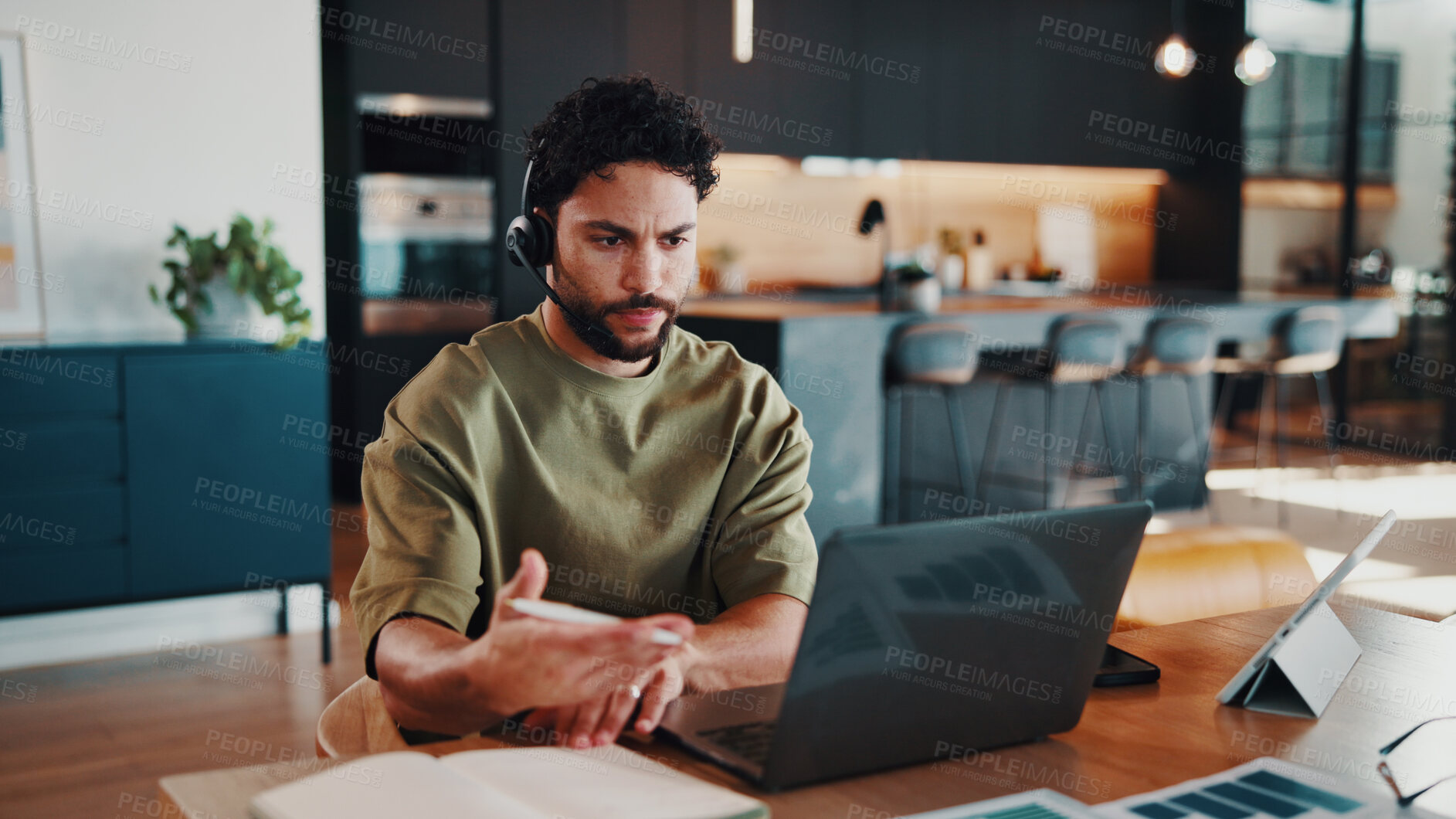 Buy stock photo Man, headset and video call at house with laptop, virtual meeting and data analysis for accounting. Person, remote work and pc in home with webinar, graphs and financial report of investment proposal