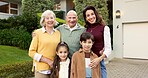 Family home, portrait and grandparents with children, outdoor or smile with senior parents on break. Happy, gathering and connection with elderly people, generations and mother with kids at house