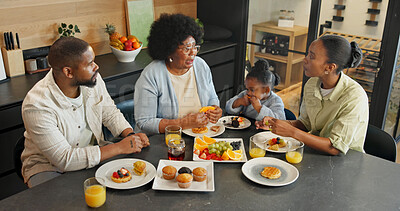 Buy stock photo Morning, kitchen and family with child for breakfast, healthy eating and meal together for wellness. Home, food and African girl with parents, grandma and fruit for vitamins, nutrition and bonding