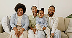 Portrait, grandma and parents in family home with child, connection and bonding together for weekend. Happy black people, senior woman and mom on sofa with dad, daughter or generations with wellness.