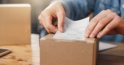Buy stock photo Person, hands or label with box for logistics, delivery instructions or shipping information in shop. Supplier, distributor or sticker with parcel or package for courier service in online store