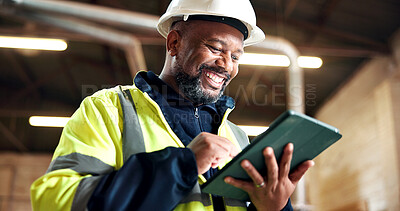 Buy stock photo Carpentry, workshop and mature man on tablet for inventory, supplier and stock for woodworking. Construction, happy and black person on tech for production review, timber business and material orders