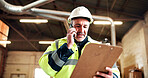 Carpentry, clipboard and mature man with clipboard, inventory and talking to wood supplier. Construction, contractor and person on cellphone for woodworking, lumber production and communication