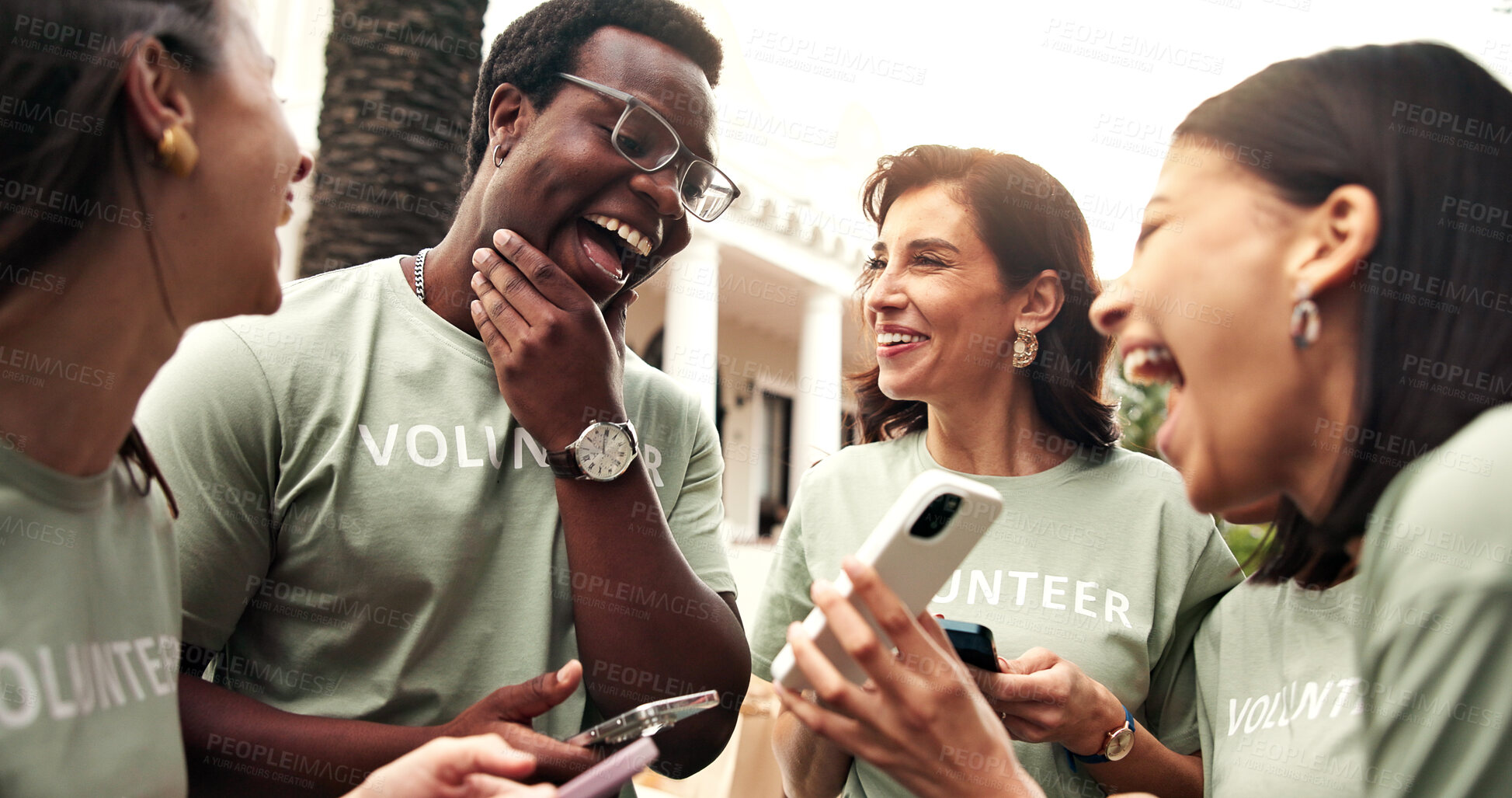 Buy stock photo Happy, people and phone outdoor for volunteering, reviews and positive feedback on charity event. Smile, team and laugh with mobile app for approval, good rating and recognition for community service