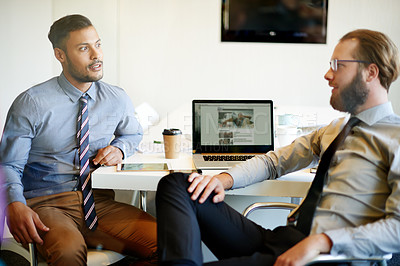 Buy stock photo Business, conversation and men in office, planning and feedback for article, news report and ideas. Employees, coaching and journalist in workplace, laptop screen and communication with copywriting