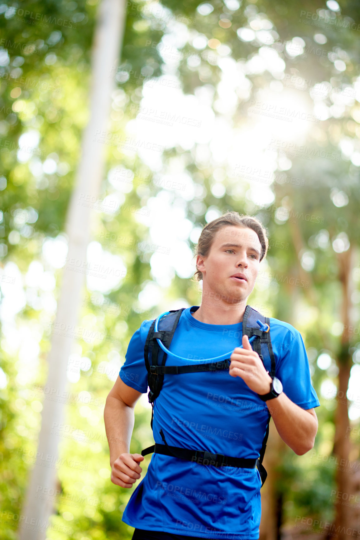 Buy stock photo Fitness, man and running in nature for cardio, exercise and outdoor challenge for wellness. Male runner, training and active in forest with intense workout, endurance and fresh air in Australia