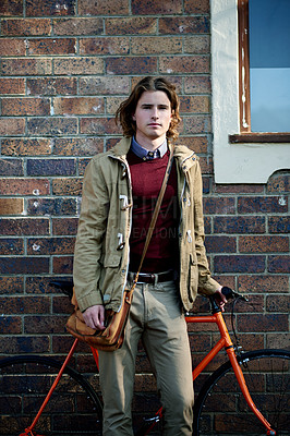 Buy stock photo Portrait, employee and man with bicycle, trip and confident on urban road or eco friendly transport. Outdoor, intern and person with bike on street, city and commuting to work, morning or Canada