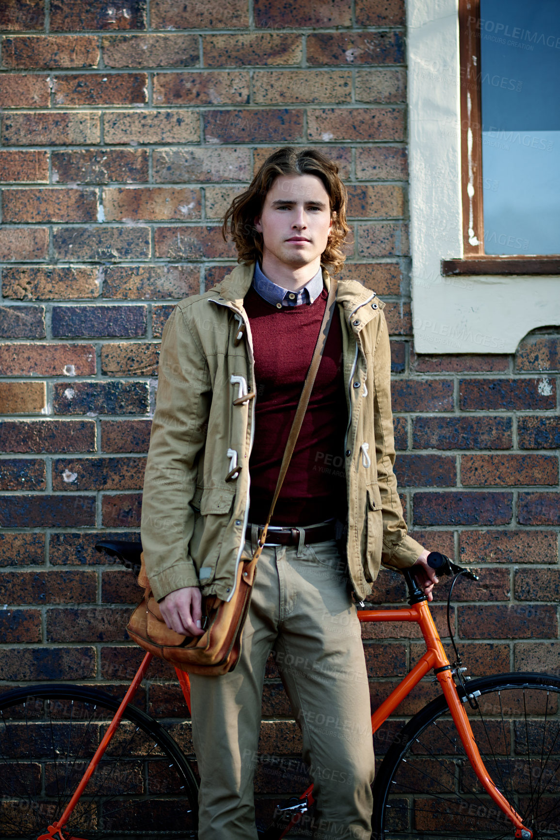 Buy stock photo Portrait, employee and man with bicycle, trip and confident on urban road or eco friendly transport. Outdoor, intern and person with bike on street, city and commuting to work, morning or Canada