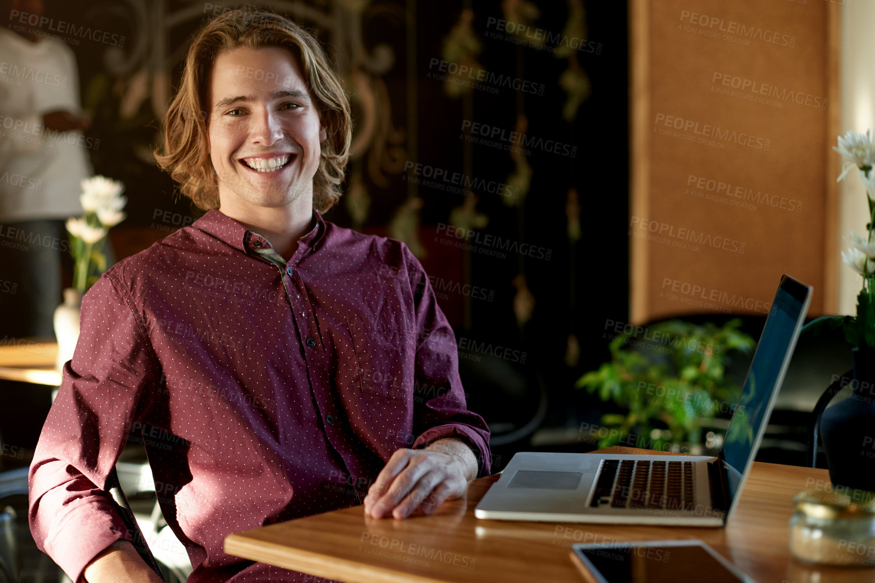 Buy stock photo Happy, coffee shop and portrait of man with laptop for remote work, seo content writer and research. Restaurant, cafe and person with computer for website review, online report and freelancer career