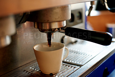 Buy stock photo Coffee cup, small business and machine in cafe, cup and espresso with process. Empty, restaurant and mug with hot beverage, fresh brew and service with drink dispenser, bistro and hospitality