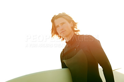 Buy stock photo Beach, surfboard and man with holiday, travel and mockup space with tourism, break and hobby. Training, outdoor and person with recreation, vacation and nature with fitness and extreme sports